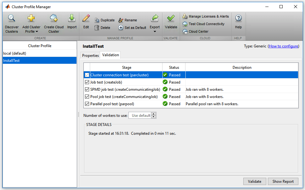 Cluster Profile Manager with the InstallTest cluster profile selected. The validation results for the InstallTest cluster are shown in the right pane.
