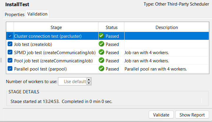 Cluster Profile Manager with the InstallTest cluster profile selected. The validation results for the InstallTest cluster are shown in the right pane.