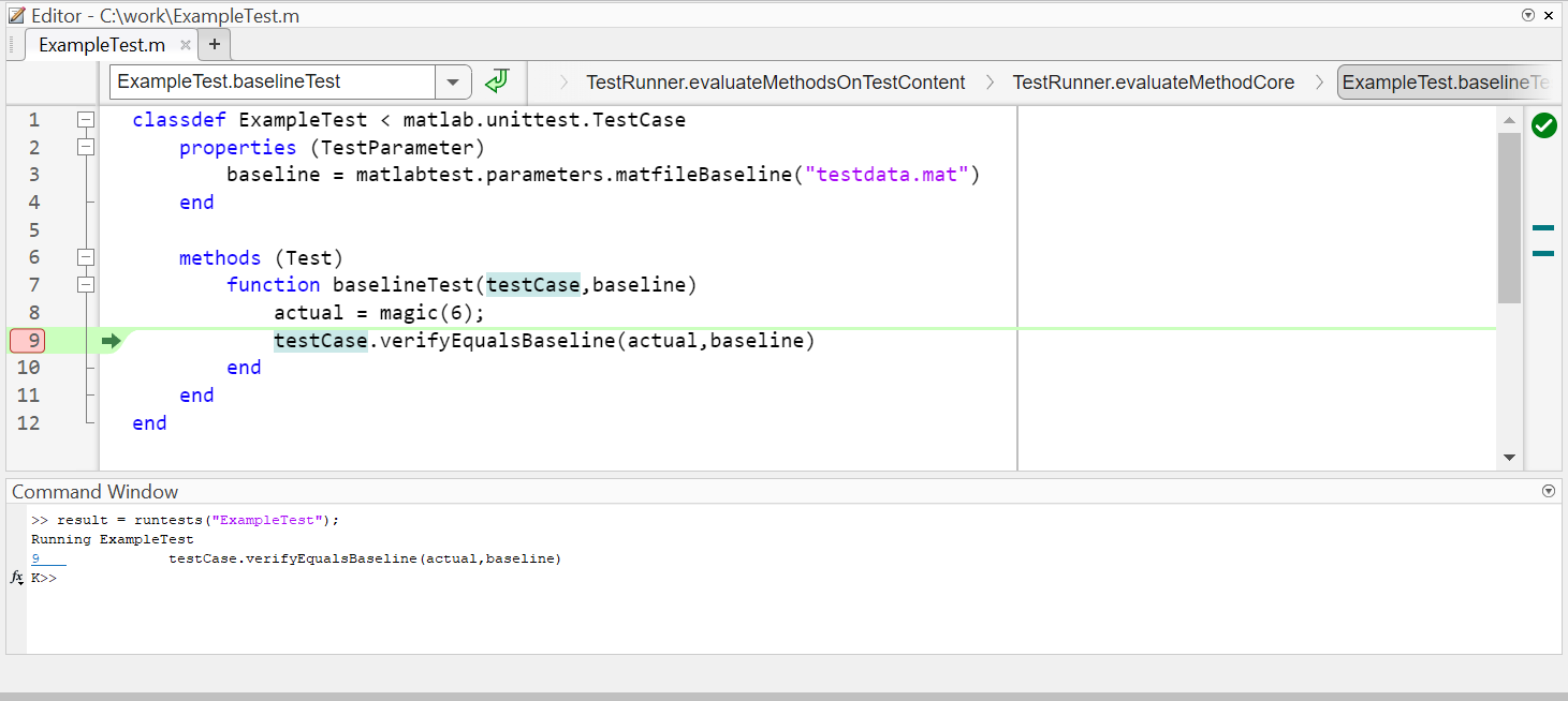 After running the ExampleTest class from the Command Window, MATLAB in debug mode stops on a breakpoint in the baselineTest method code.