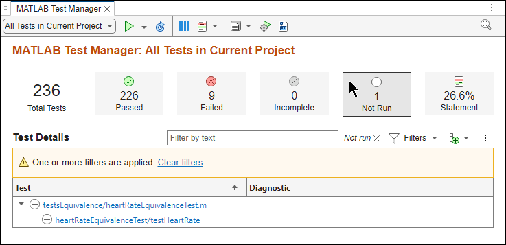 The MATLAB Test Manager shows the test that have not run, which is only the testHeartRate equivalence test.