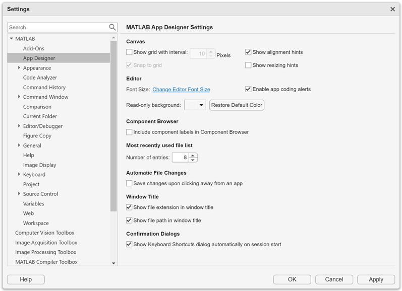 App Designer Settings dialog box