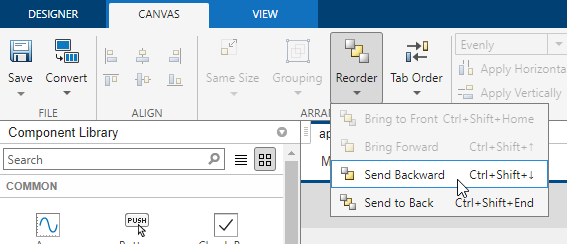 The Canvas tab of the Design View toolstrip. The reorder option is highlighted and is displaying a menu with the options "Bring to Front", "Bring Forward", "Send Backward", and "Send to Back".