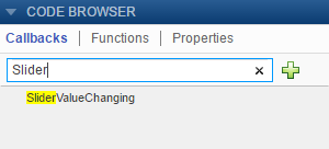 Callbacks tab of the Code Browser. The search bar has the text "Slider" and the pane lists the SliderValueChanging function.