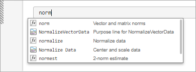 Live script with a code line containing the text "norm" and a list of suggestions including the Normalize Vector Data task