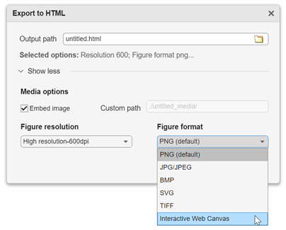 Export dialog box showing export to HTML options