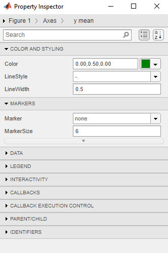 Property Inspector dialog with line color, line style, line width, marker type, and marker size options.