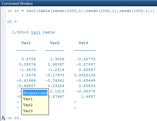 Screenshot showing MATLAB command line, with "tt." entered and a tab completion menu of possible values.