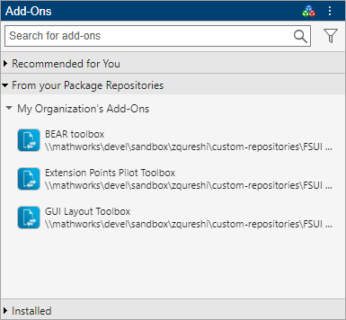 Add-Ons panel with a search box and a From your Package Repositories section showing three add-ons in a group called My Organization’s Add-Ons