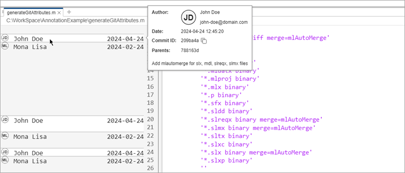 File open in the MATLAB Editor. To the left of the file, Blame View shows line-by-line annotations. The first annotation is selected and a pop-up shows details about the author, commit date and ID, and commit message.