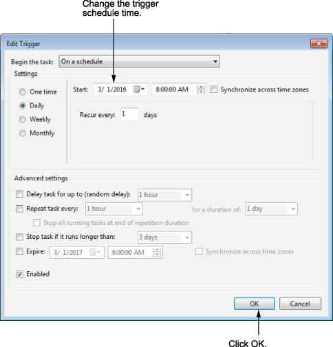 The Edit Trigger interface with arrows indicating where to change the trigger schedule time and the OK button to confirm changes.