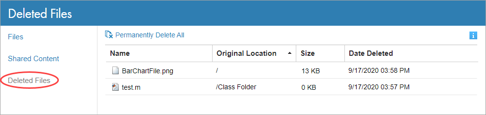 Deleted files folder showing the name, original location, size, and deletion date of two files.