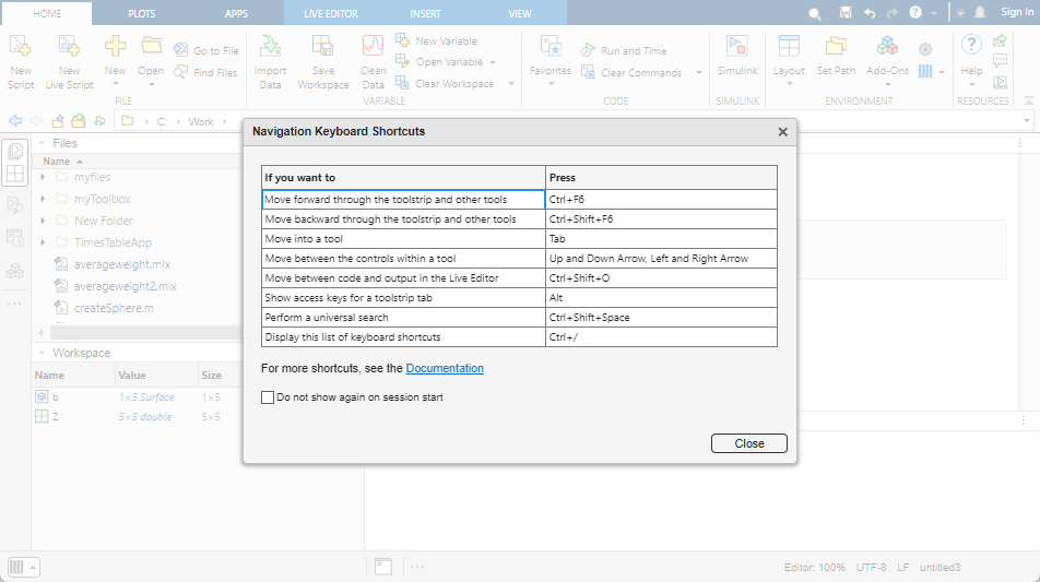 MATLAB desktop with the Navigation Keyboard Shortcuts dialog box open showing the shortcuts for navigating MATLAB