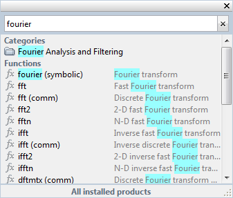 Function browser showing a list of categories and functions that contain the word fourier and the instances of the word fourier highlighted in blue