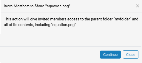 Invite Members dialog box explaining that invited members will get access to the parent folder "myfolder" and all of its contents including "equation.png"