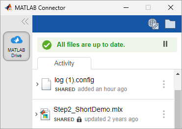 Activity tab of MATLAB Drive Connector, with shared files indicated by the word SHARED and read-only files indicated with a padlock icon