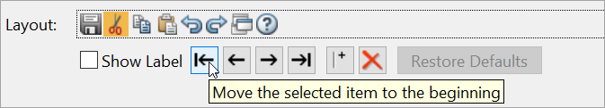 Layout section of the toolbar preferences showing the quick access toolbar controls and buttons to move, add, delete, and reset them