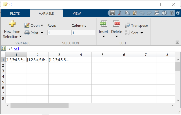 Variables editor showing C