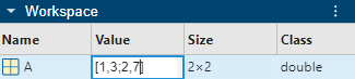 Workspace panel with an edit field in the Value column for the variable A