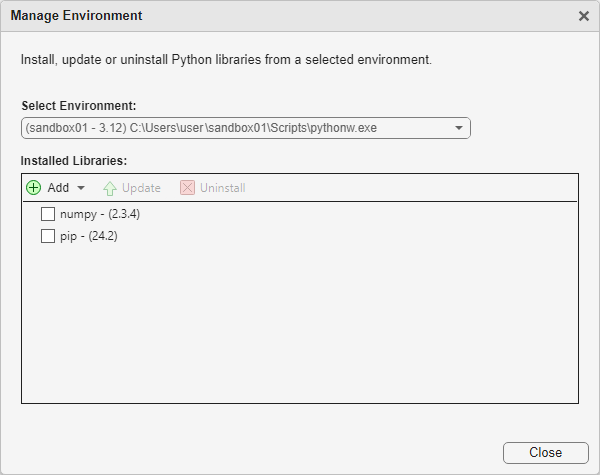 A window titled "Manage Environment" for managing Python libraries. It allows the user to install, update, or uninstall libraries in a selected environment. The selected environment is shown as "(sandbox01 - 3.12) C:\Users\user\sandbox01\Scripts\pythonw.exe". Below, there is a list of installed libraries: "numpy - (2.3.4)" and "pip - (24.2)", each with a checkbox. There are buttons for "Add", "Update", and "Uninstall" above the library list, with only "Add" enabled. A "Close" button is at the bottom right.