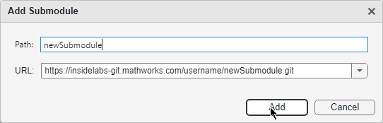 Add Submodule dialog box shows a Path and URL text fields and Add and Cancel buttons at the bottom.
