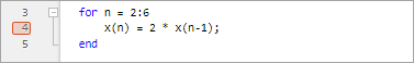 Script showing a for loop with a red standard breakpoint on the line inside the loop