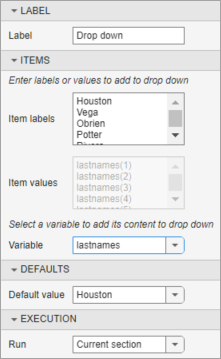 Drop-down list configuration menu with the lastnames variable selected and the lists of item labels and item values populated with the variable values