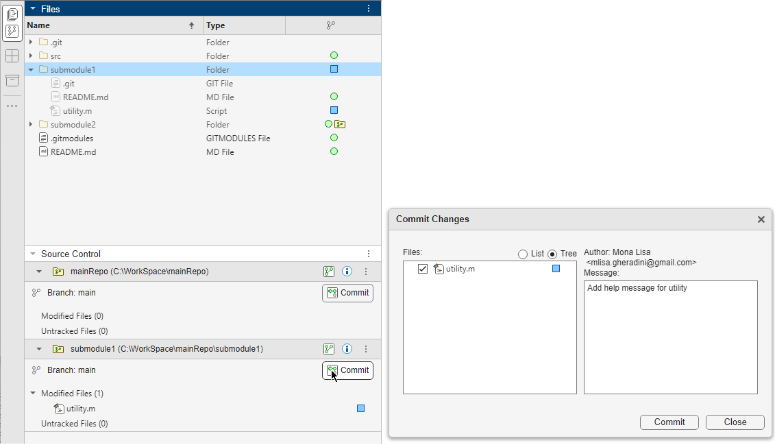 On the left, the submodule repository in the Source Control panel lists the modified file in the Modified Files section. On the right, the Commit dialog box for the submodule repository shows the pointer on the Commit button.
