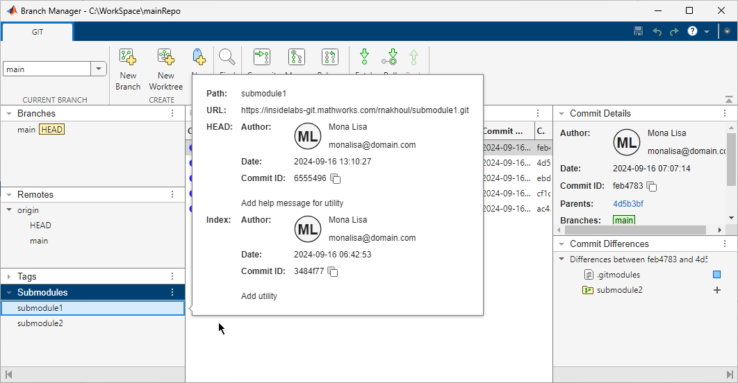 Branch Manager shows the updated information of the submodule1 where the Index and HEAD revisions do not match.