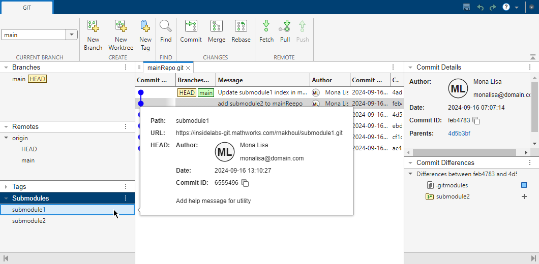 The Submodules section in the Branch Manager of the main repository displays the details of the submodule.