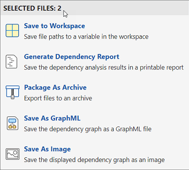 Export menu options. Examine the title of the section to determine the number of selected files.