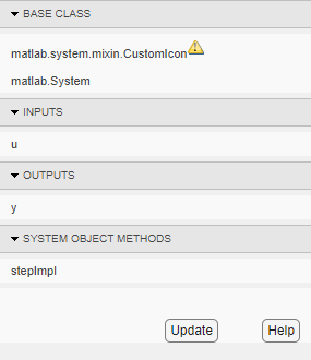 Inspector dialog box contents with obsolete matlab.system.mixin.CustomIcon class