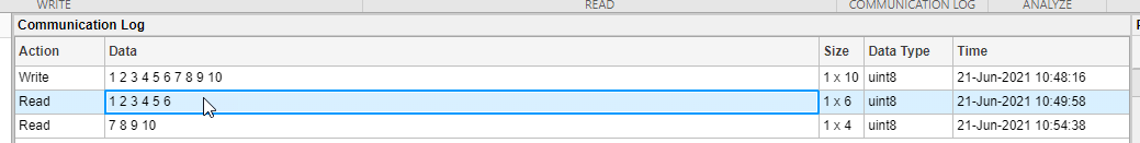 Serial Explorer Communication Log pane with row selected.