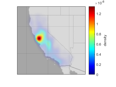 Density plot with varying transparency and a colormap that starts at dark blue and transitions to light blue, bright green, orange, yellow, and dark red. The blue regions of the plot are almost completely transparent. The red regions of the plot are opaque.