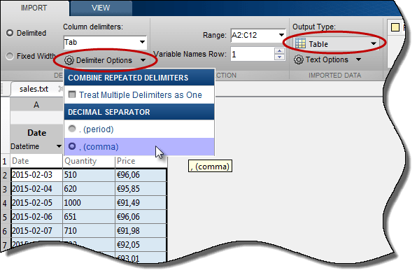 Import Tool settings. The Output Type field is set to Table, and the Delimiter Options field is set to a comma decimal separator.