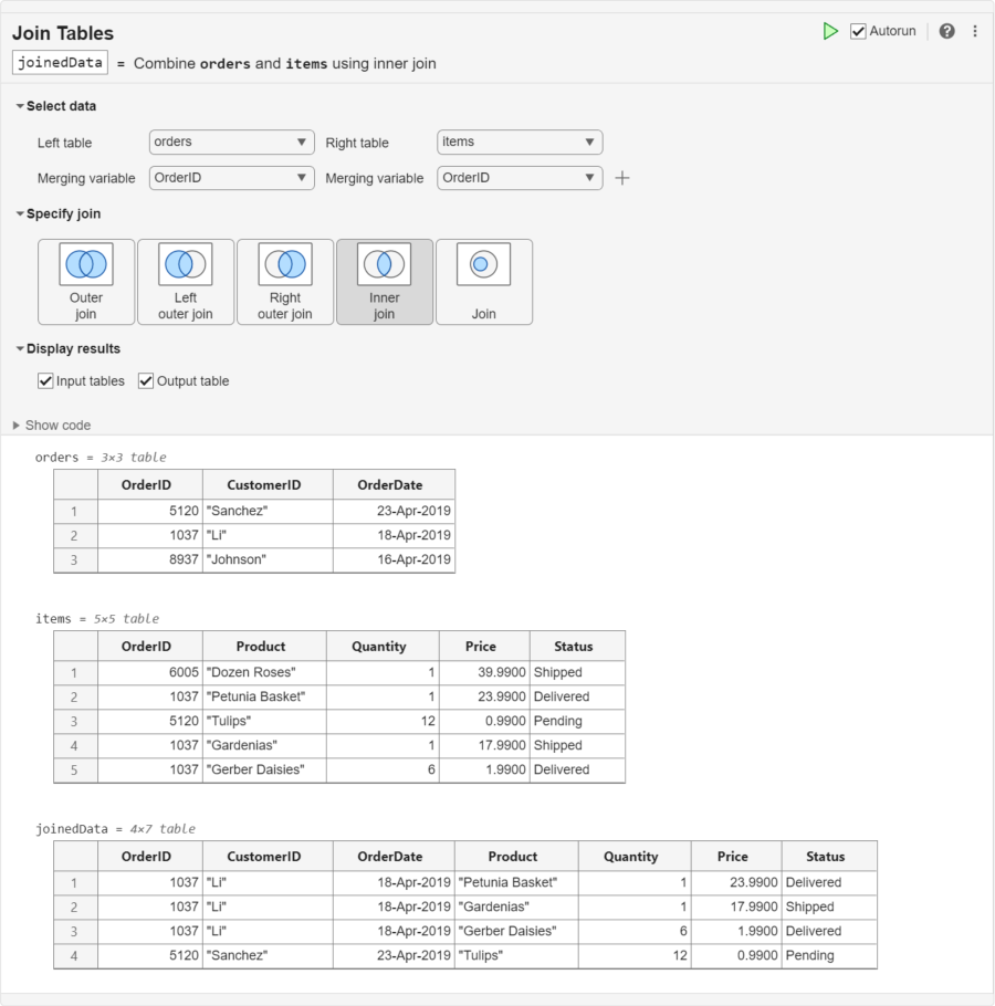 Join Tables task in the Live Editor