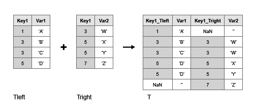 The output T has variables Key1_Tleft, Var1, Key1_Tright, and Var2, and combines all rows from both inputs, filling empty table elements with missing values.