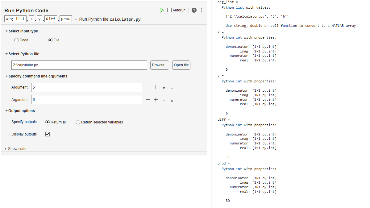 Run Python Code Live Editor task with parameters described in the example