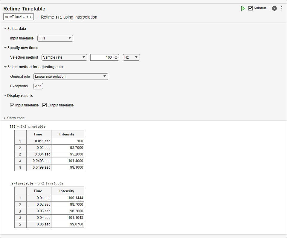 Retime Timetable task in Live Editor