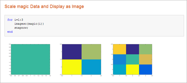 Published file with a title, code, and three snapshots of the resulting image, one for each loop iteration