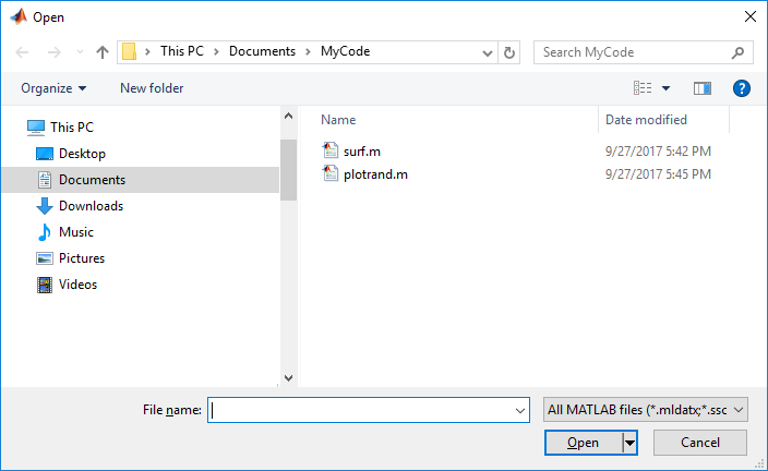 Open dialog box. The list of files only contains .m files.