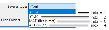 Save as type drop-down list. The drop-down list contains four different file extensions with the first option labeled with indx = 1, the second with indx = 2, and so on.