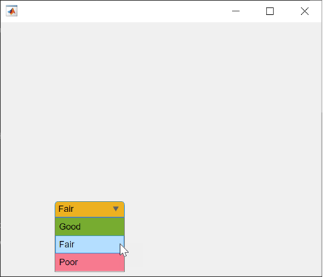 Drop-down UI component with three items. Each item has a different background color: The "Good" item is green, the "Fair" item is yellow, and the "Poor" item is red. The "Fair" item is selected and appears at the top of the component as yellow. The mouse cursor is pointing to the "Fair" item in the list, so that item is highlighted in blue.