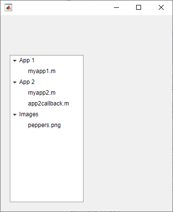 Tree with three top-level nodes with text "App 1", "App 2", and "Images", and nested nodes with file names.