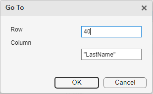 Go To dialog box specifying row 40 and column "LastName"