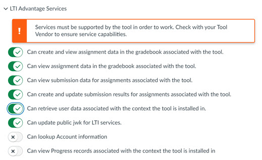 LTI Advantage Services selection screen with the required services selected.