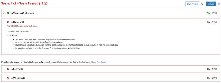 Assessment test results show that 1 of 4 tests passed. An assessment test and error message are shown for the failed second test, and linked text "Show Feedback" appears above the hidden details of the failed third and fourth tests.