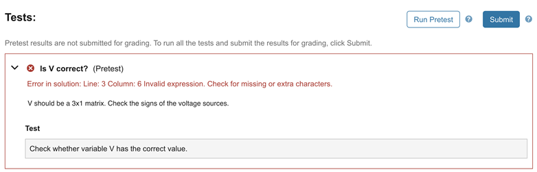 Pretest assessment results show an error message "Variable V has an incorrect value."