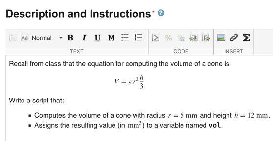 Sample assessment item description and instructions include an equation and a bulleted list.