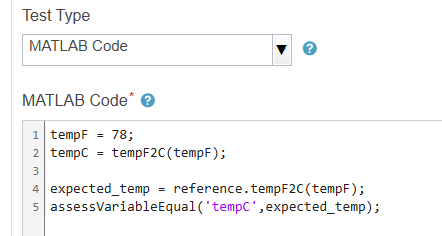 A MATLAB code test shows four code lines: tempF = 78; tempC = tempF2C(tempF); expected_temp = reference.tempF2C(tempF); assessVariableEqual('tempC',expected_temp);.