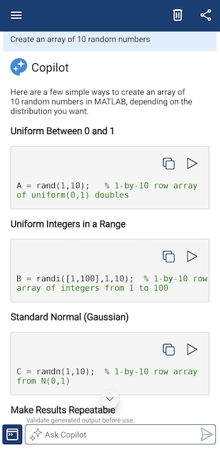 Copilot Chat showing the response, which can include code for several ways to create the array, links to MATLAB documentation, feedback options, and clickable follow-up prompts.